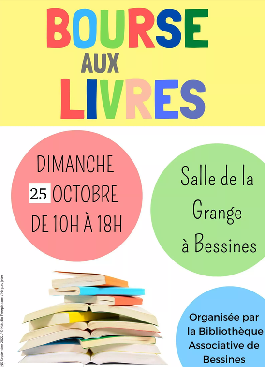 Affiche de la Bourse aux livres de Bessines, dimanche 25 octobre de 10h à 18h, Salle de la Grange