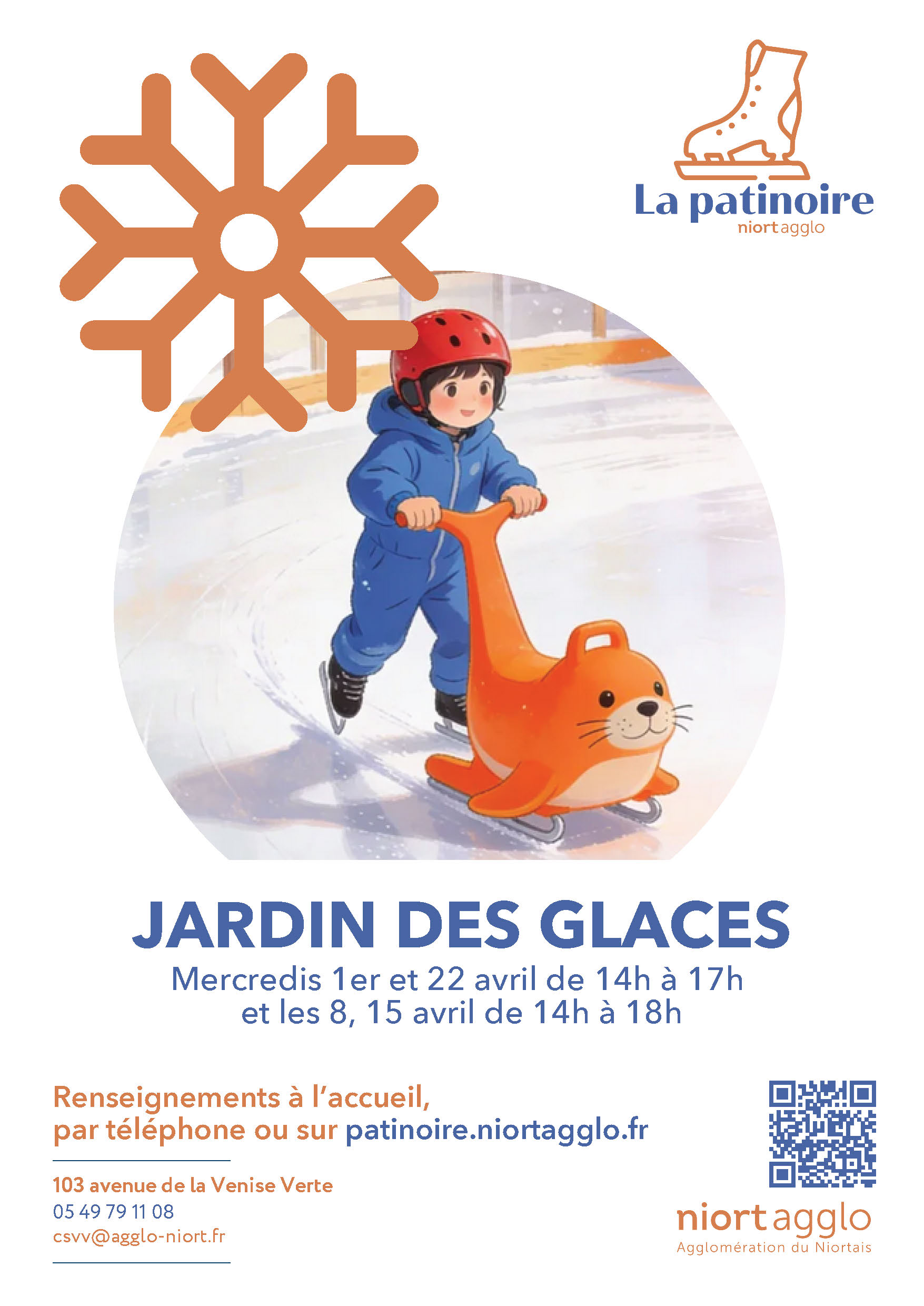 Affiche Jardin des glaces – mercredis 1er, 8, 15 et 22 avril de 14h à 17h ou 18h, patinoire Niort Agglo.