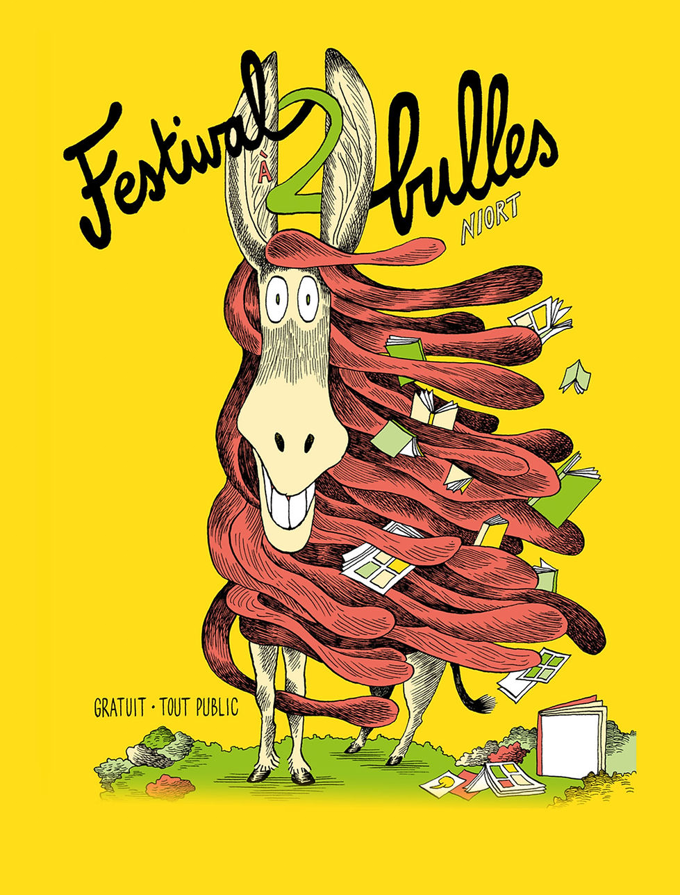 Affiche officielle : âne fantaisiste entouré de livres envolés, mention « Gratuit · Tout public »
