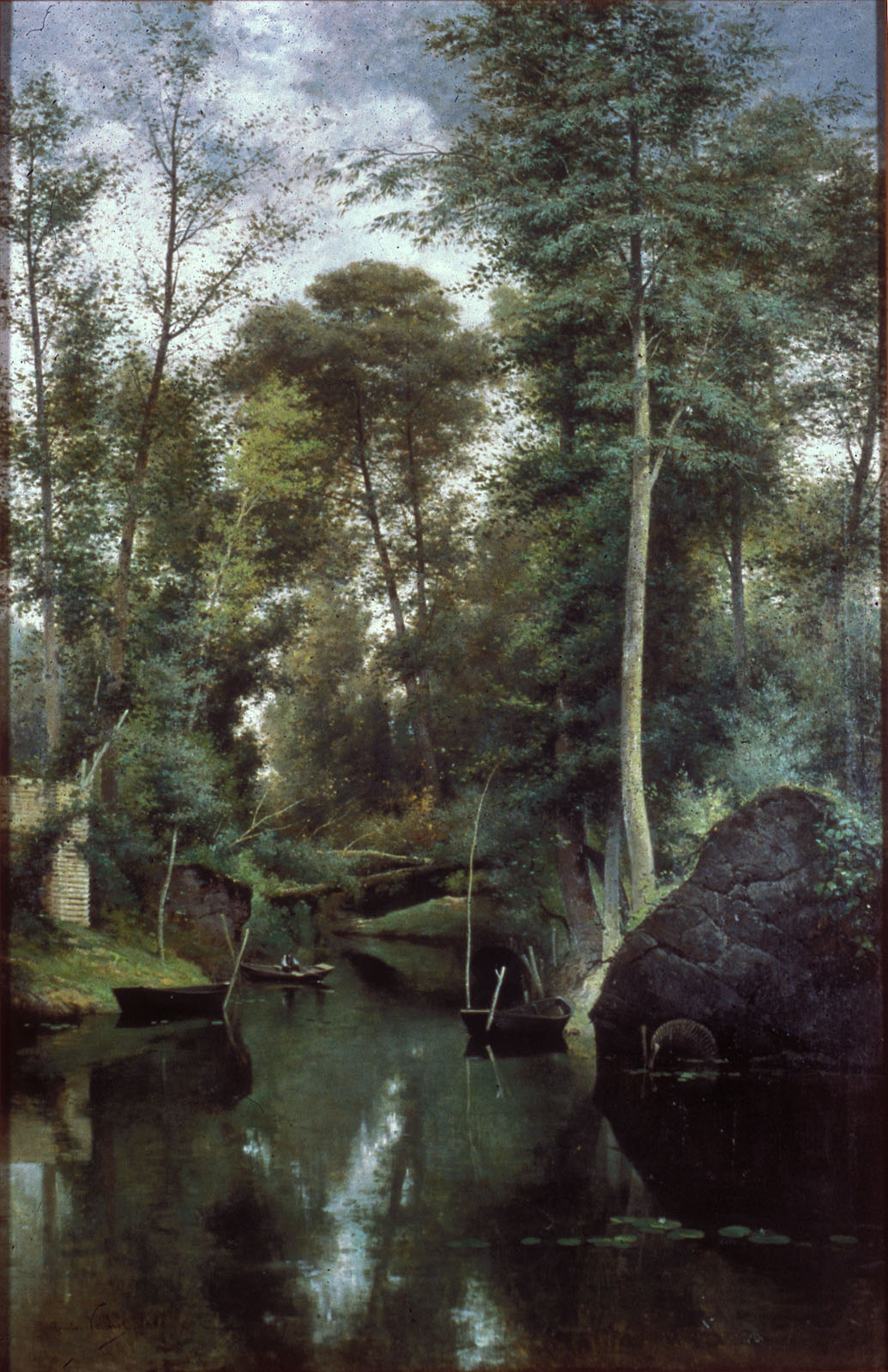 Peinture à l'huile d'Alphonse Combe-Velluet représentant un cours d'eau boisé du Marais Poitevin avec barques et rochers