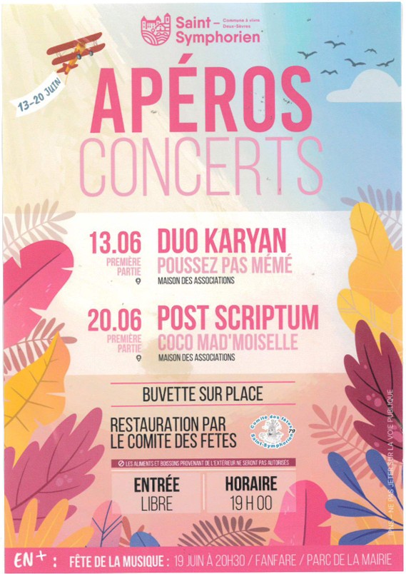 Affiche des Apéros Concerts de Saint-Symphorien, 13 et 20 juin
