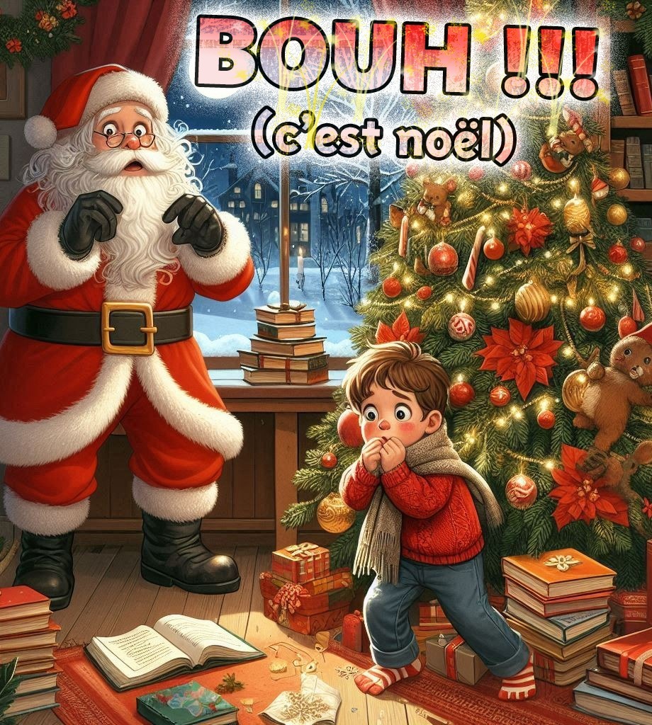 Affiche du spectacle : Père Noël surgissant derrière un enfant surpris devant un sapin illuminé entouré de livres et cadeaux