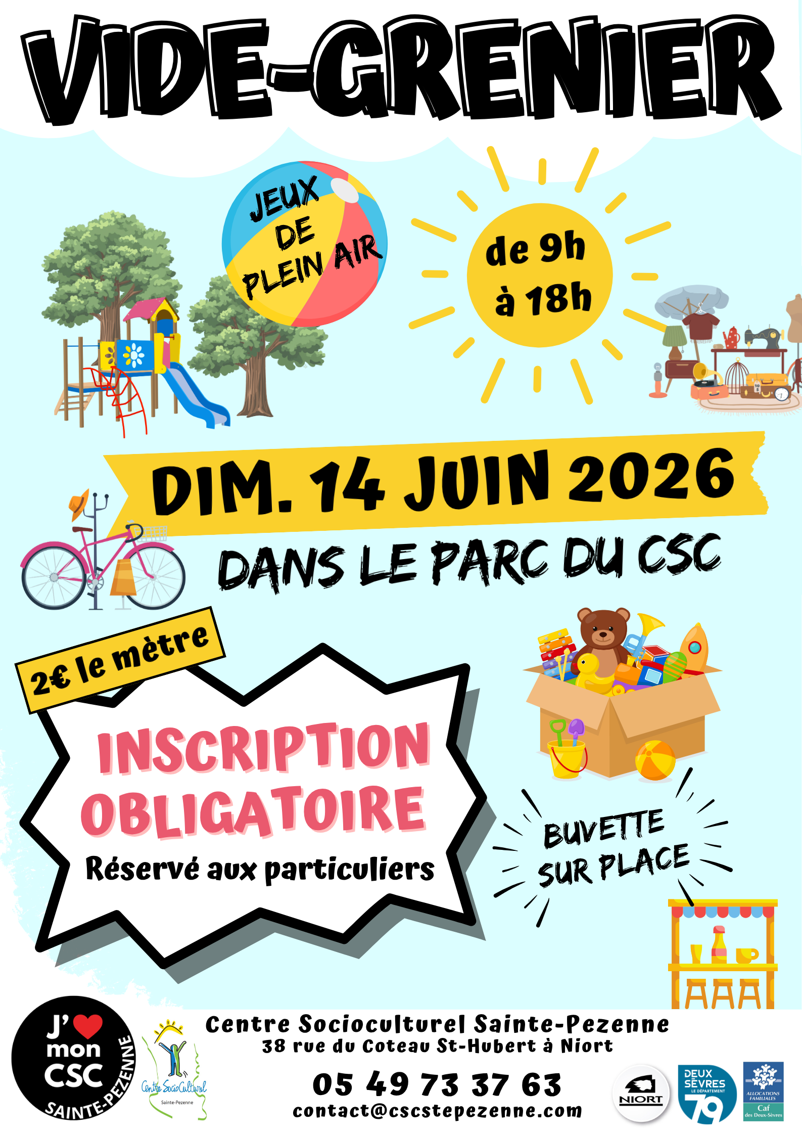 Affiche : dimanche 14 juin 2026, 9h-18h, parc du CSC Sainte-Pezenne Niort – 2€/m, inscription obligatoire, buvette sur place.