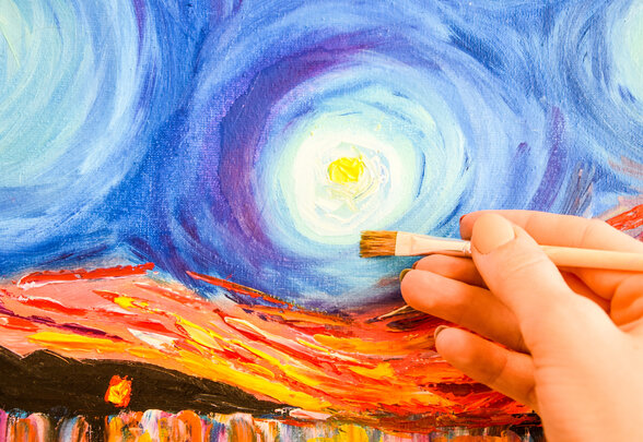 Painting brush, hand and oil canvas, artist's hand, Acrylic and Full spectrum on Cardboard, Van Gogh The Starry Night - Agrandir l'image, fenêtre modale